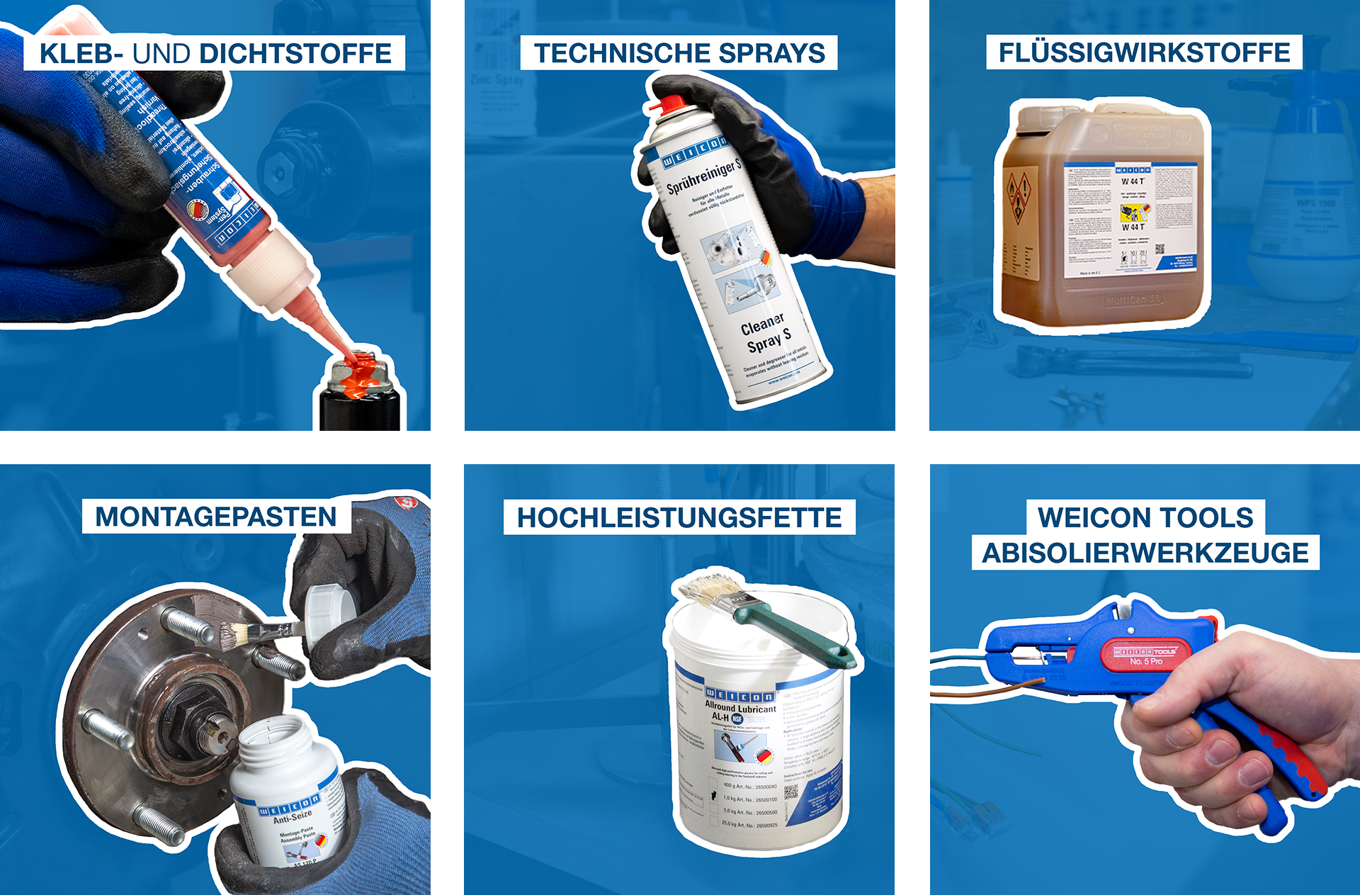Produktgruppen von WEICON: Kleb- und Dichtstoffe, Technische Sprays, Flüssigwirkstoffe, Montagepasten, Hochleistungsfette, Abisolierwerkzeuge